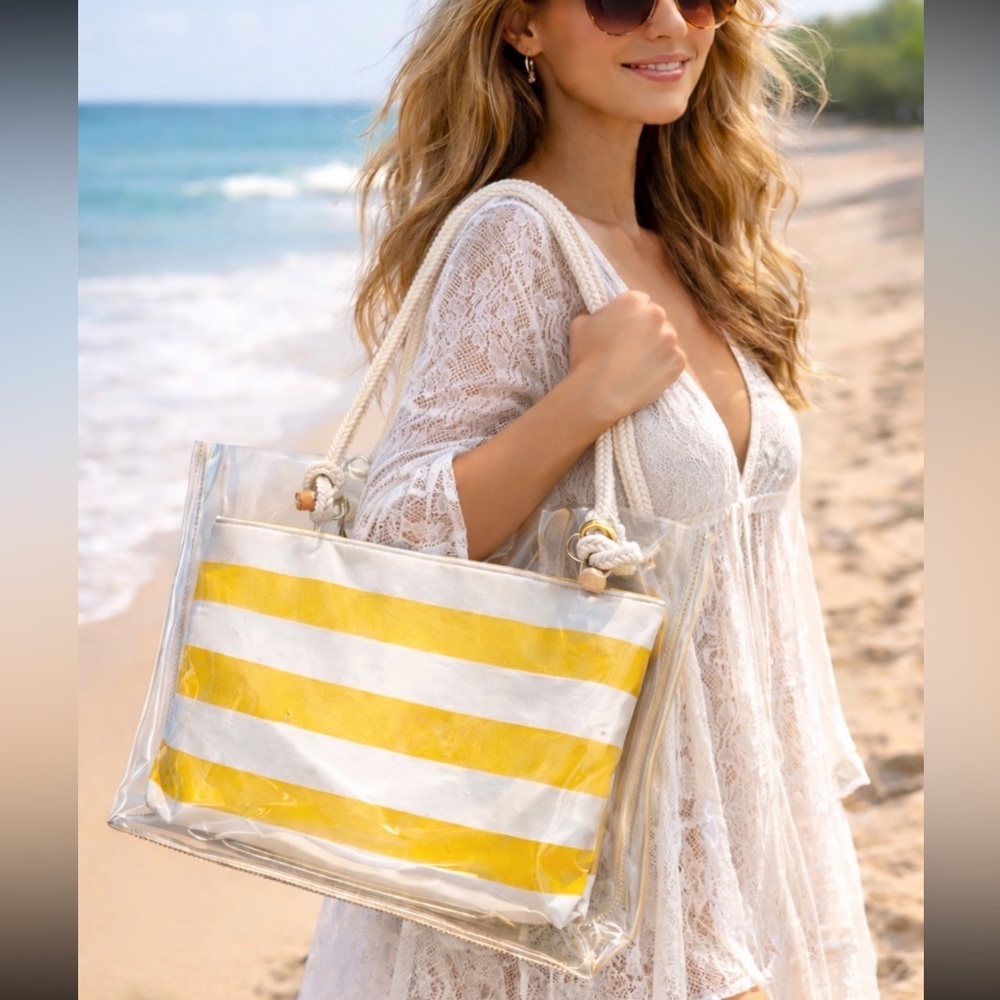 NWT J.McLaughlin Harper Clear Yellow Stripe Tote Stadium Beach Bag Rope